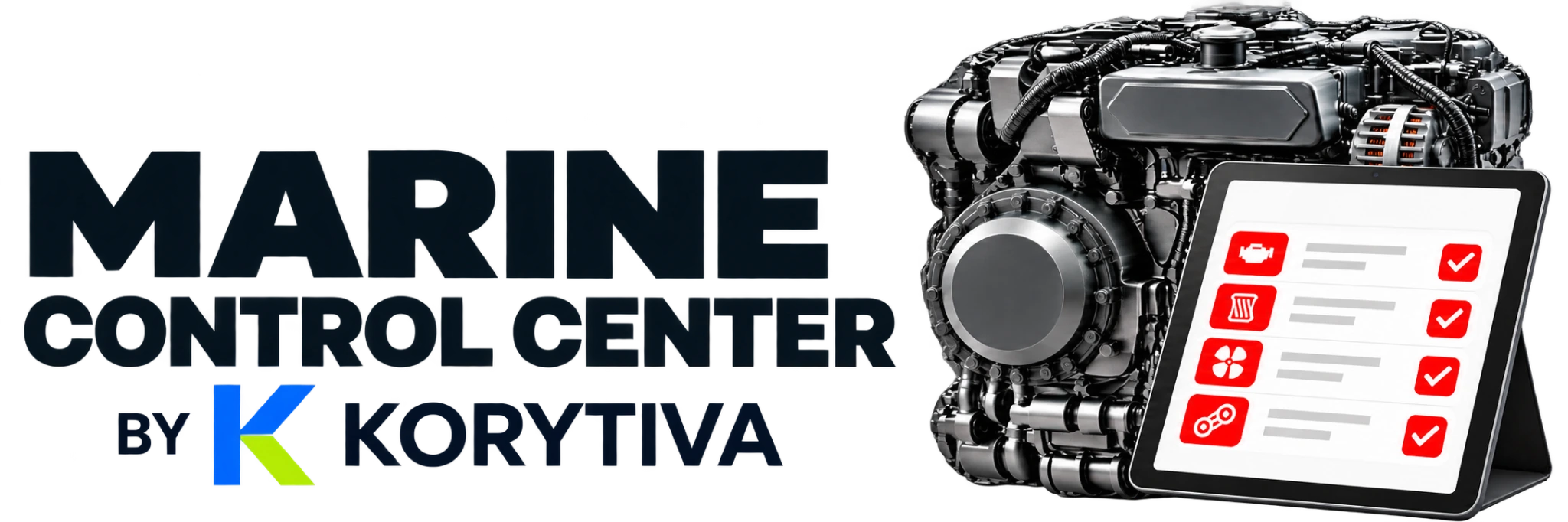 Logotipo original Marine Control Center by KORYTIVA: motor náutico con panel digital